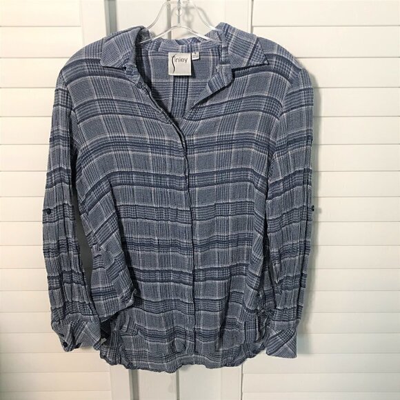 Finley blue/white plaid gauze button down top, S - Picture 1 of 8